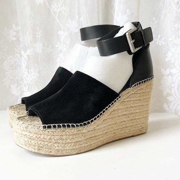 MARC FISHER Adalyn Black Leather/Suede Jute Wedge Platform Sandals 10 - Picture 5 of 13